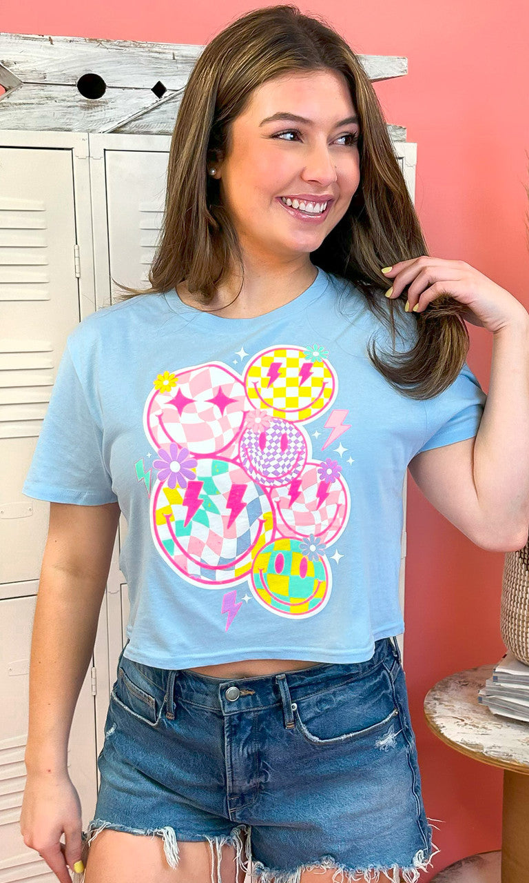 Checkerboard Smiley Face Graphic Crop Top