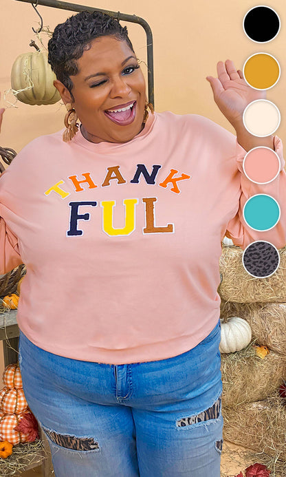 Soft Chenille Thankful Graphic Boyfriend Long Sleeve T-Shirt