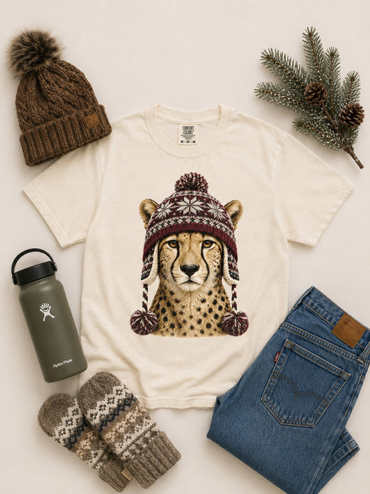 Cheetah Winter Hat Graphic Comfort Color T-Shirt