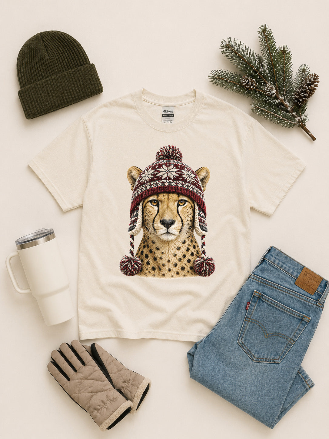 Cheetah Winter Hat Graphic T-Shirt