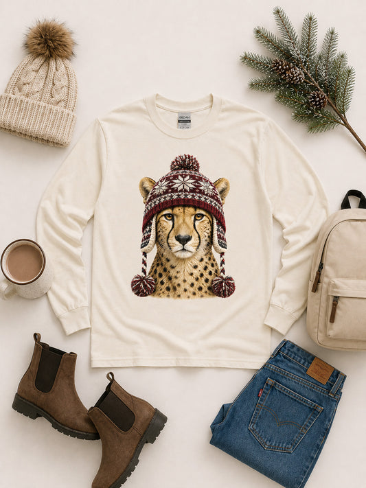Cheetah Winter Hat Graphic Long Sleeve T-Shirt