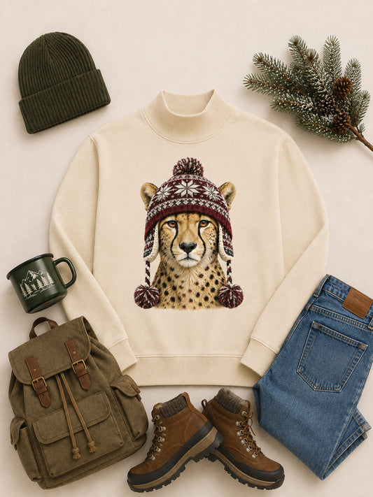Cheetah Winter Hat Graphic Mock Neck Sweatshirt