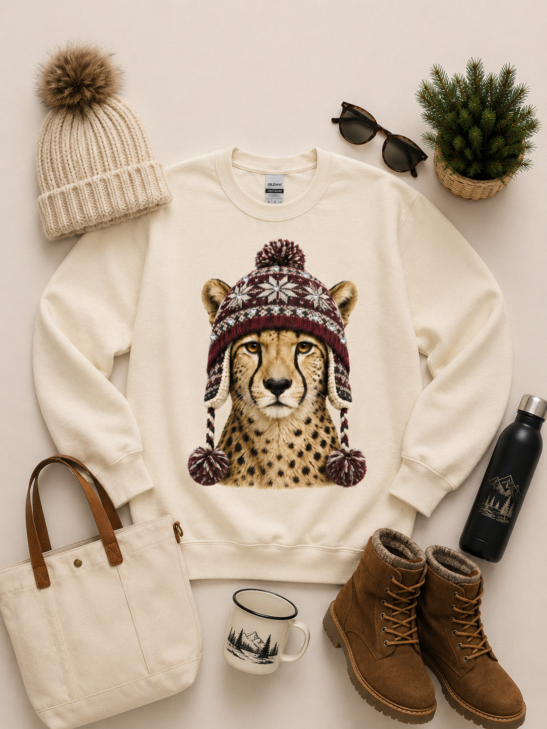 Cheetah Winter Hat Graphic Sweatshirt