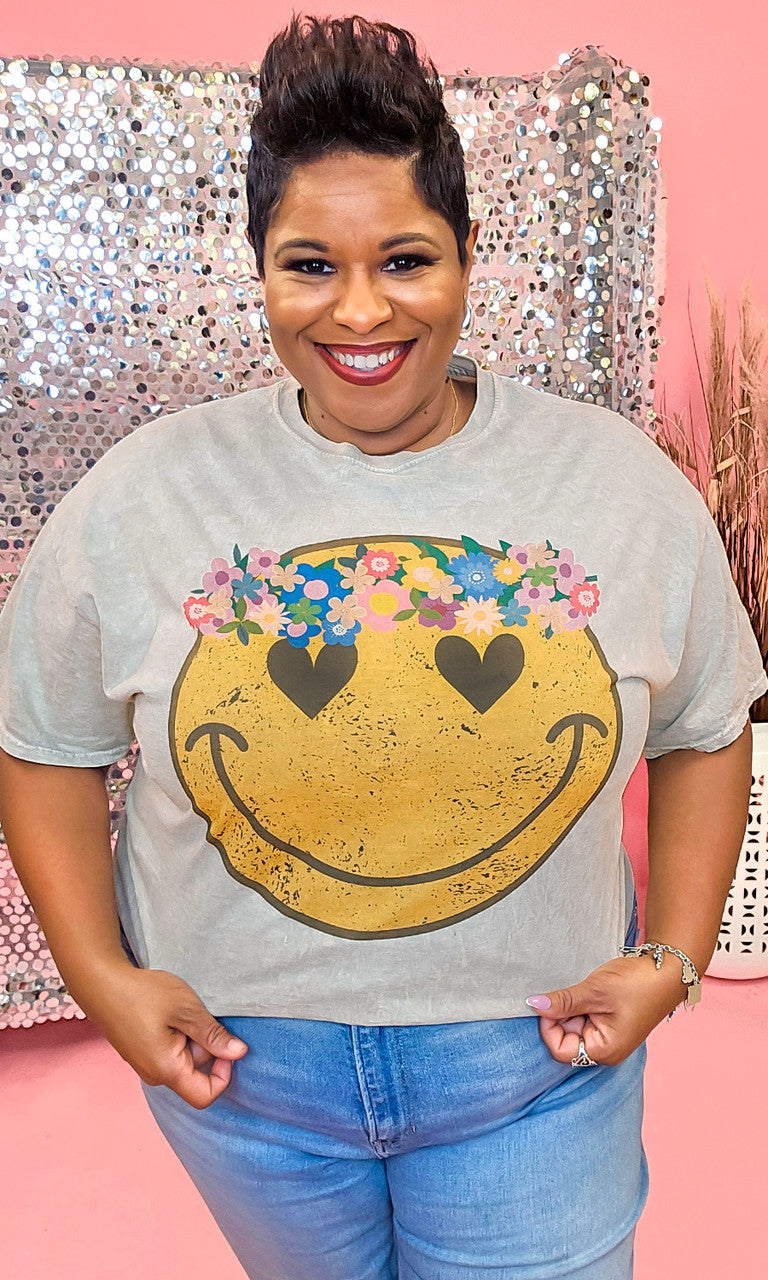 Boho Smiley Mineral Washed Taupe Graphic Shirt