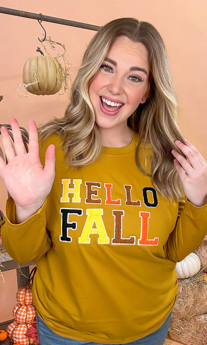 Soft Chenille Hello Fall Graphic Boyfriend Long Sleeve T-Shirt