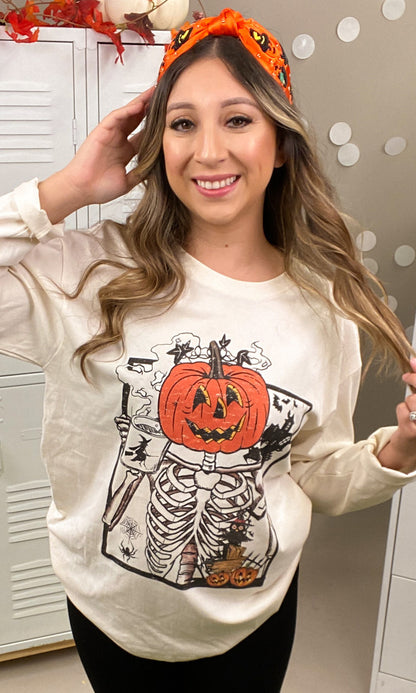 Scary Skeleton Boyfriend Long Sleeve Graphic T-Shirt