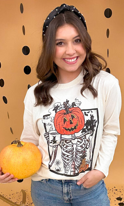 Scary Skeleton Boyfriend Long Sleeve Graphic T-Shirt