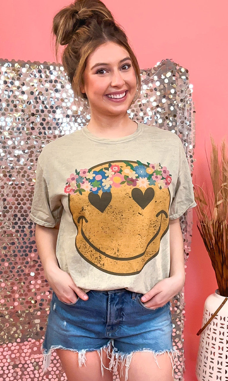 Boho Smiley Mineral Washed Taupe Graphic Shirt