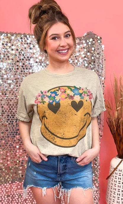 Boho Smiley Mineral Washed Taupe Graphic Shirt